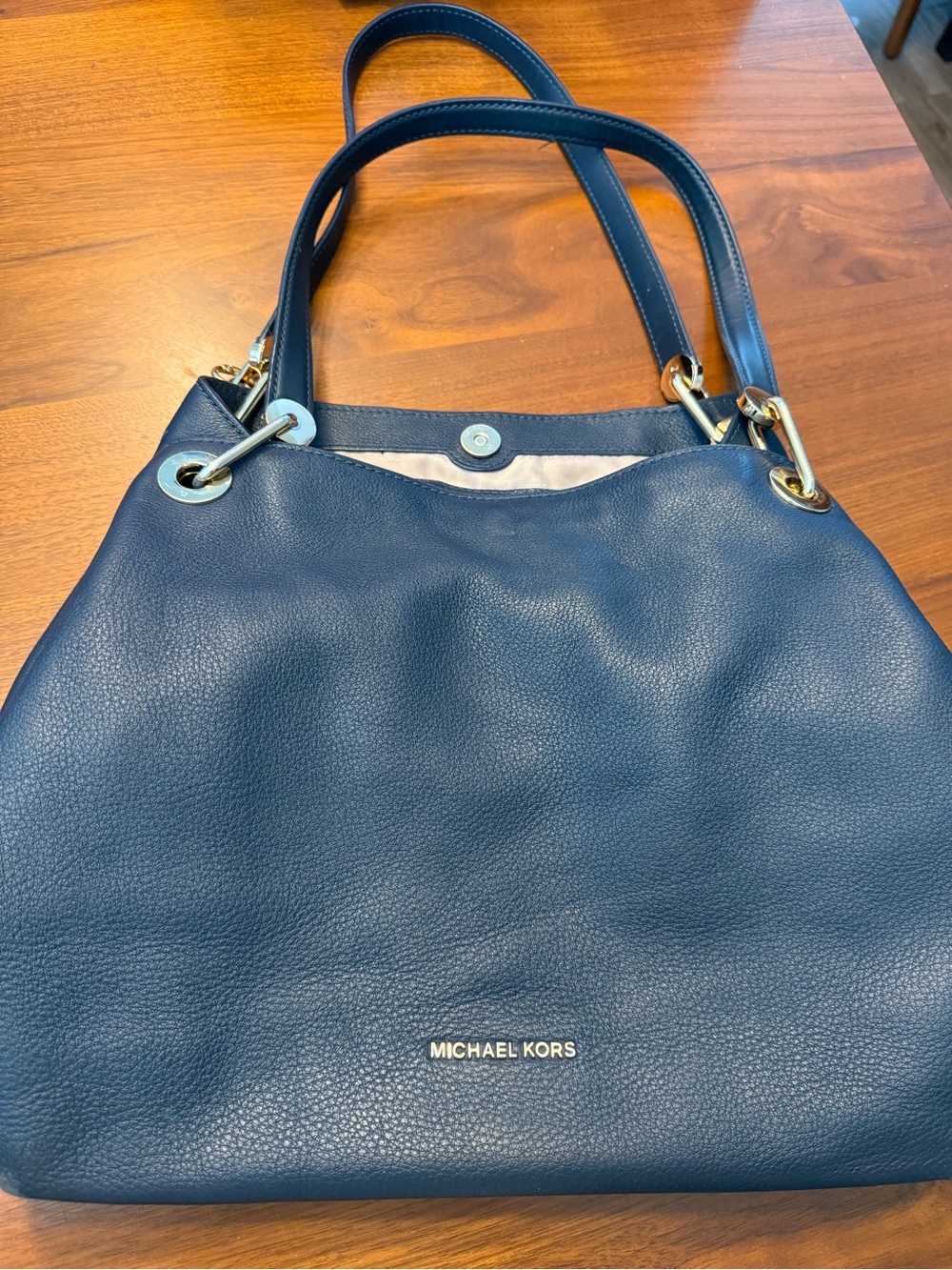 Michael Kors Navy Pebbled Leather Shoulder Tote with Gold Hardware
